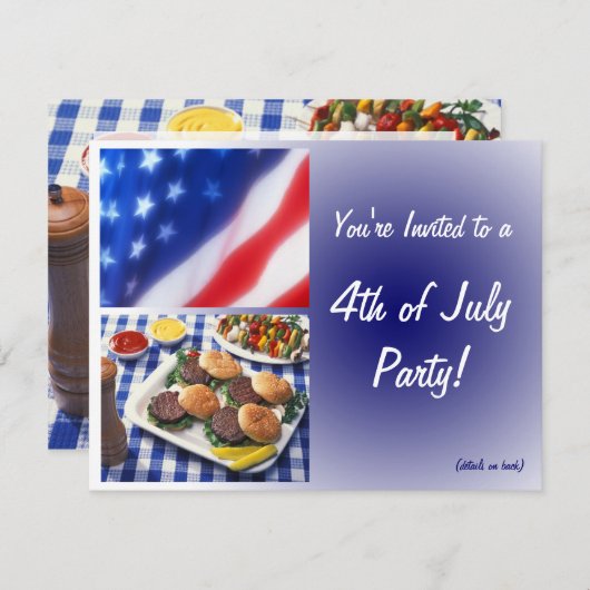 7月4日パーティの招待状、バーガーと国旗 招待状 (正面/裏面)