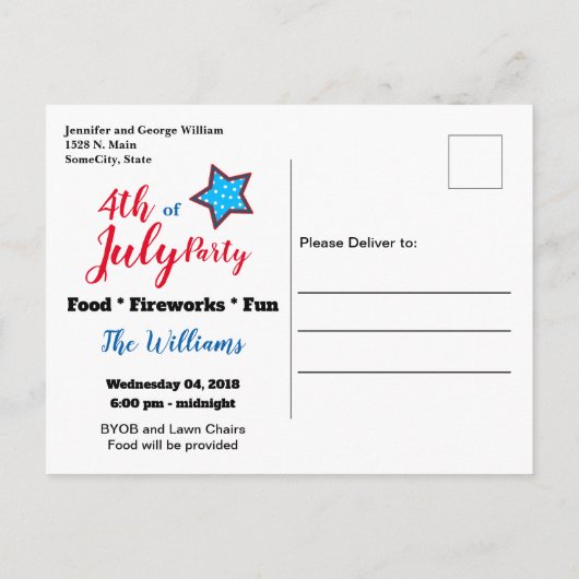 7月4日パーティーのお誘いポストカード インビテーションポストカード (裏面)