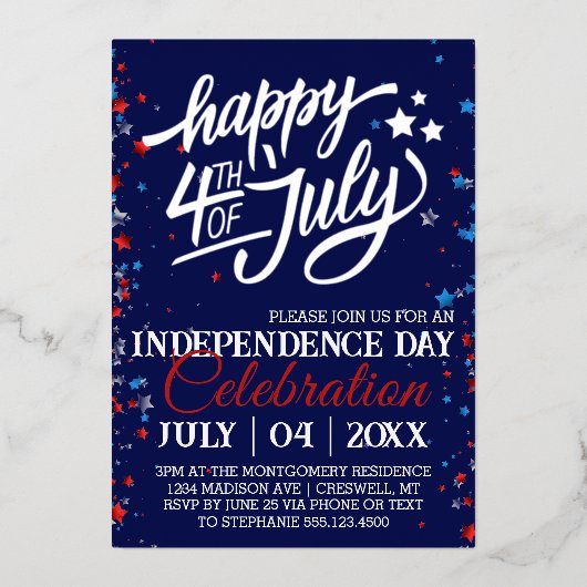 7月4日パーティーの星 箔招待状 (正面)