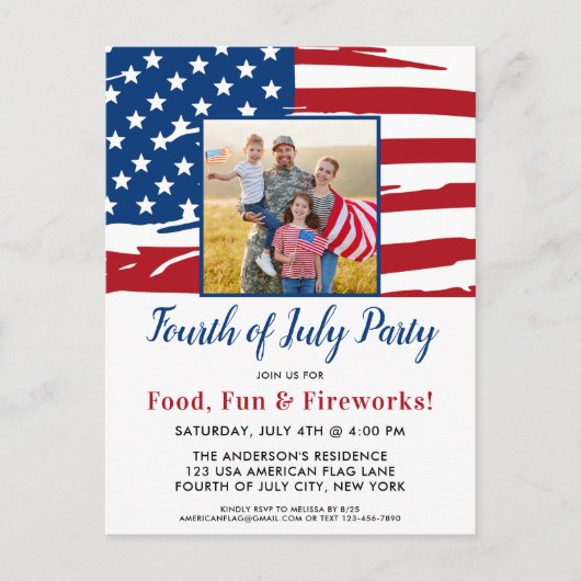 7月4日パーティーアメリカ国旗の家族写真 インビテーションポストカード (正面)