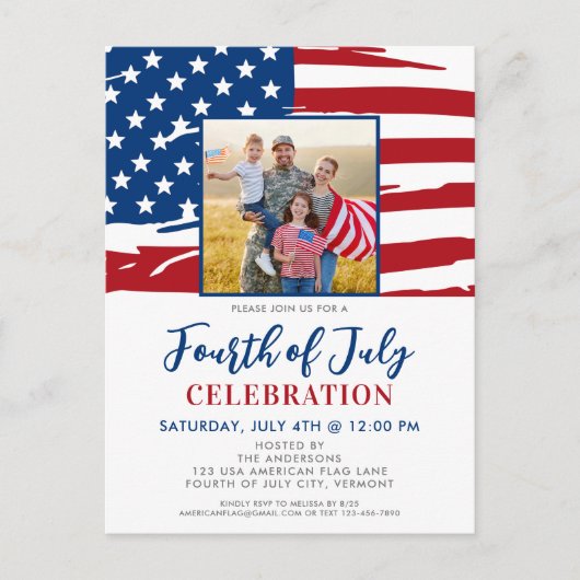 7月4日パーティーアメリカ国旗の家族写真 インビテーションポストカード (正面)