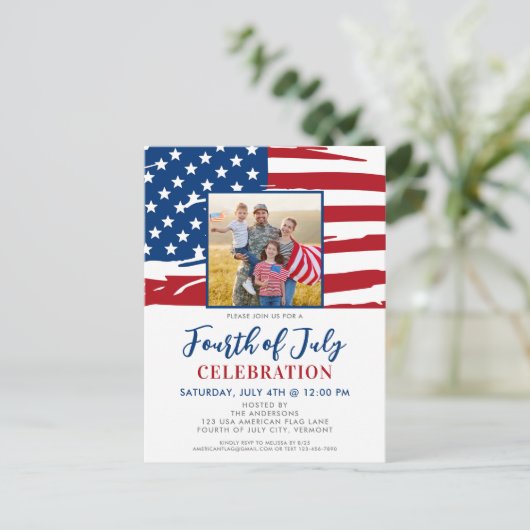 7月4日パーティーアメリカ国旗の家族写真 インビテーションポストカード (スタンド正面)