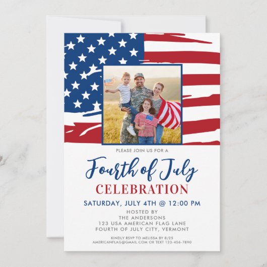7月4日パーティーアメリカ国旗の家族写真 招待状 (正面)