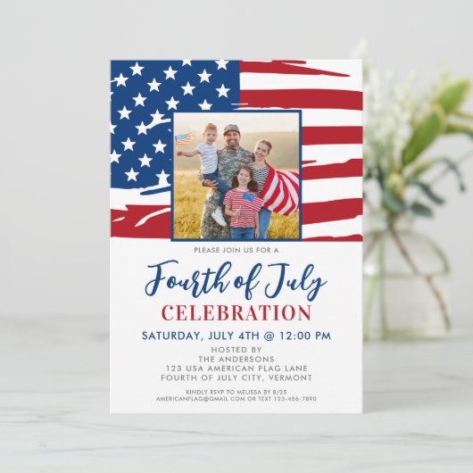 7月4日パーティーアメリカ国旗の家族写真 招待状 (スタンド正面)