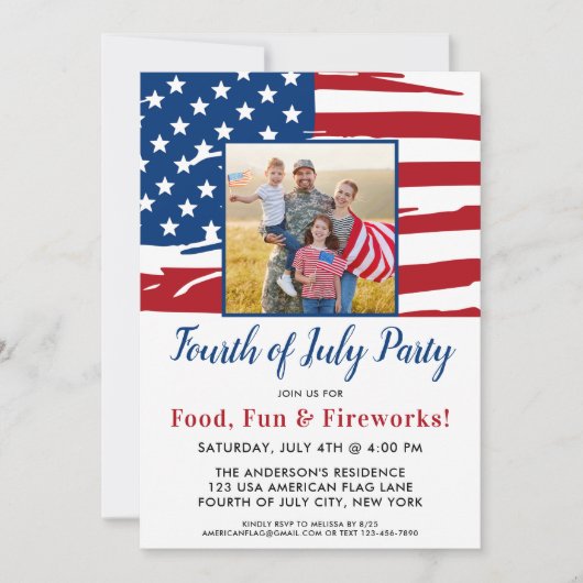7月4日パーティーアメリカ国旗の家族写真 招待状 (正面)