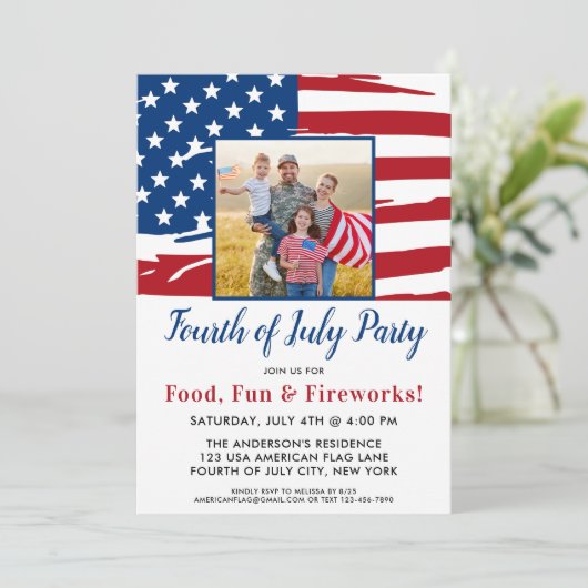 7月4日パーティーアメリカ国旗の家族写真 招待状 (スタンド正面)