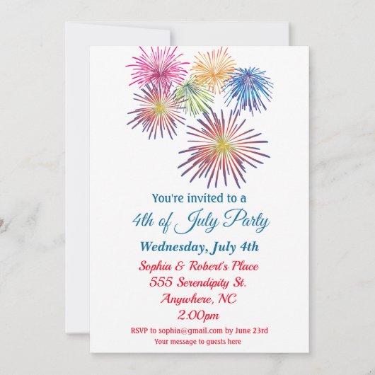 7月4日パーティーカラフル花火 招待状 (正面)