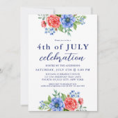 7月4日パーティー愛国的フローラ赤白青 招待状 (正面)
