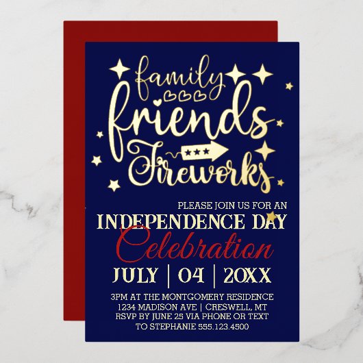 7月4日パーティー星 箔招待状 (正面/裏面)