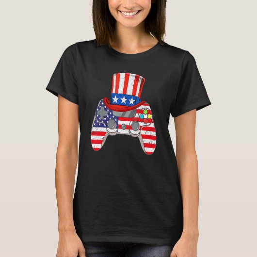 7月4日ビデオゲーム米国国旗のアンクル・サム・ガム Tシャツ (正面)