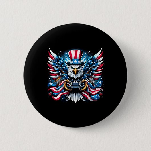 7月4日ビデオゲームBald Eagle American Flag Bo 缶バッジ (正面)