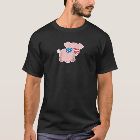 7月4日ピギー豚アメリカおもしろい国旗USA 4日 Tシャツ (正面)