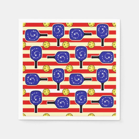 7月4日ピックボール赤白青イエローボール スタンダードカクテルナプキン (正面)