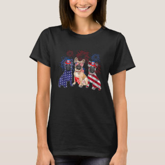 7月4日ブルドッグフランスのアメリカ犬国旗 Tシャツ