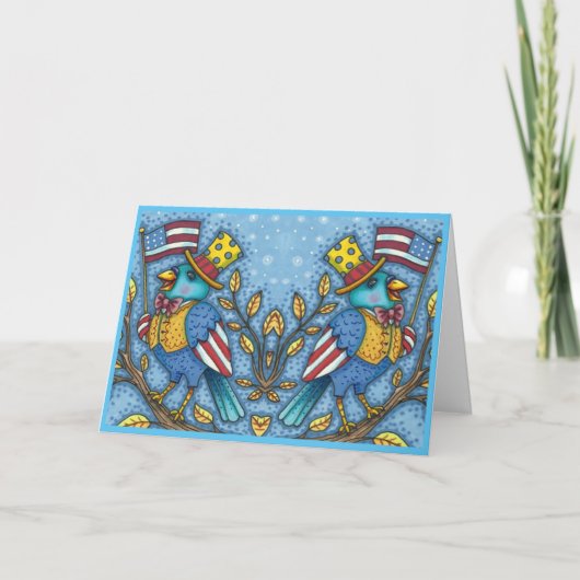 7月4日ブルーバードツイート、アメリカ国旗かわいい シーズンカード (正面)