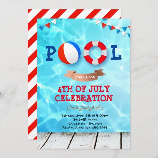 7月4日プールパーティの招待状 招待状 (正面/裏面)