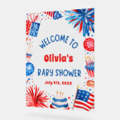 7月4日ベビーシャワー男女兼用へようこそ アクリルサイン (傾斜)