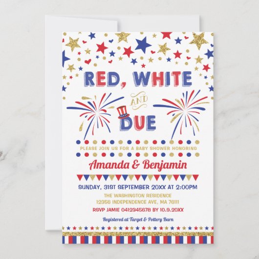 7月4日ベビーシャワー赤白と期限 招待状 (正面)