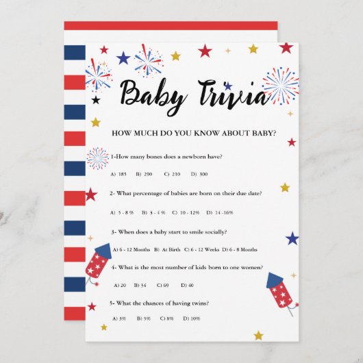 7月4日ベビートリビア赤ちゃんシャワーゲームカード 招待状 (正面/裏面)