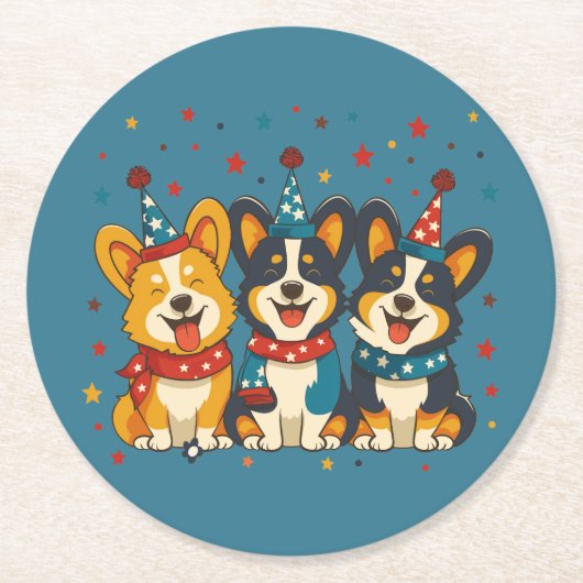 7月4日ペンブロークウェルシュコーギードッグ ラウンドペーパーコースター (正面)