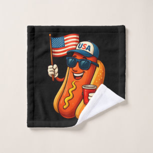 7月4日ホットドッグ愛国おもしろい米国国旗 ウォッシュタオル