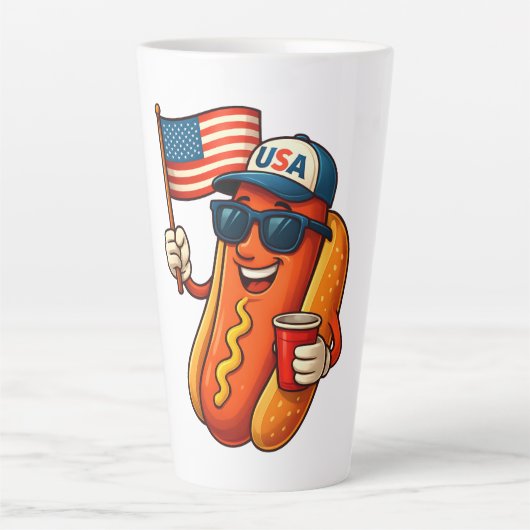 7月4日ホットドッグ愛国おもしろい米国国旗 カフェラテマグ (正面)