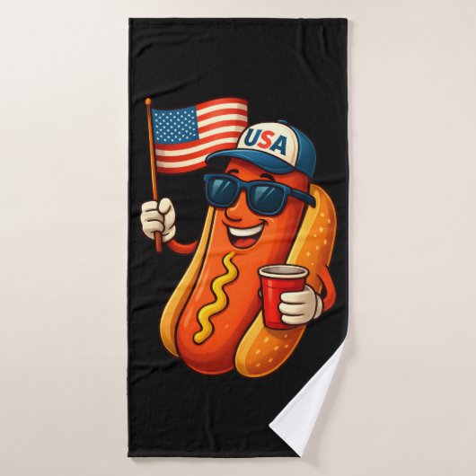 7月4日ホットドッグ愛国おもしろい米国国旗 バスタオル (バスタオル)
