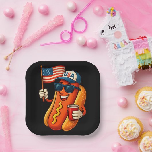 7月4日ホットドッグ愛国おもしろい米国国旗 ペーパープレート (パーティー)