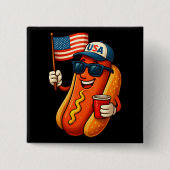 7月4日ホットドッグ愛国おもしろい米国国旗 缶バッジ (正面)