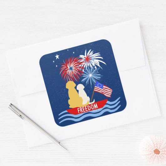 7月4日ボート上の犬の花火大会ステッカーセット スクエアシール (封筒)