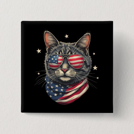 7月4日ミオヴィカ・アメリカ国旗の猫 缶バッジ (正面)