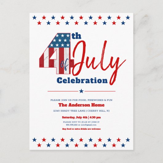 7月4日モダン木はっきりした米素朴州旗 インビテーションポストカード (正面)