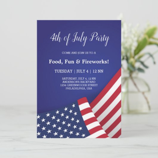 7月4日モダン青赤白米国旗 招待状 (スタンド正面)