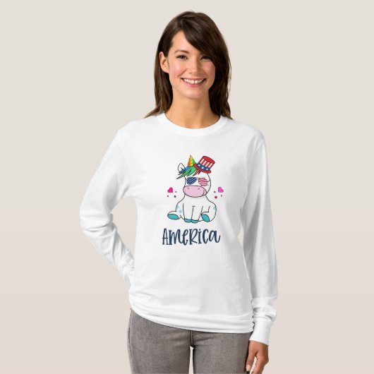 7月4日ユニコーン米国旗の日のメガネ Tシャツ (正面フル)