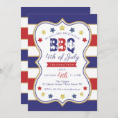 7月4日レッドブルー金ゴールドスターストライプズBBQパーティー 招待状 (正面/裏面)