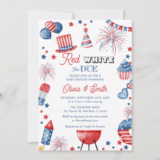 7月4日レッドホワイトとデューベビーシャワー招待状 招待状 (正面)