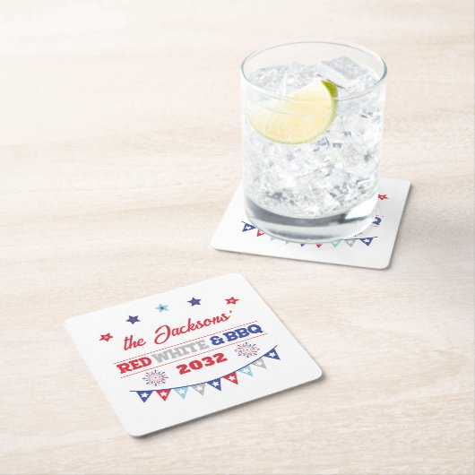 7月4日レッドホワイトとバーベキュー家族の名前patriotic スクエアペーパーコースター (インサイチュ)
