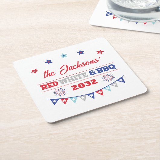 7月4日レッドホワイトとバーベキュー家族の名前patriotic スクエアペーパーコースター (アングル)