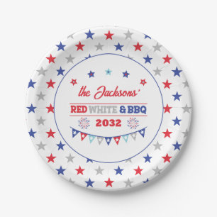 7月4日レッドホワイトとバーベキュー家族の名前patriotic ペーパープレート