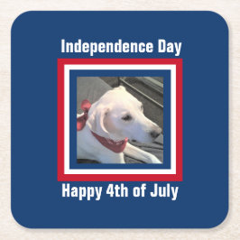 7月4日レッド、ホワイト、ブルーかわいい犬スカーフを身に着ける スクエアペーパーコースター