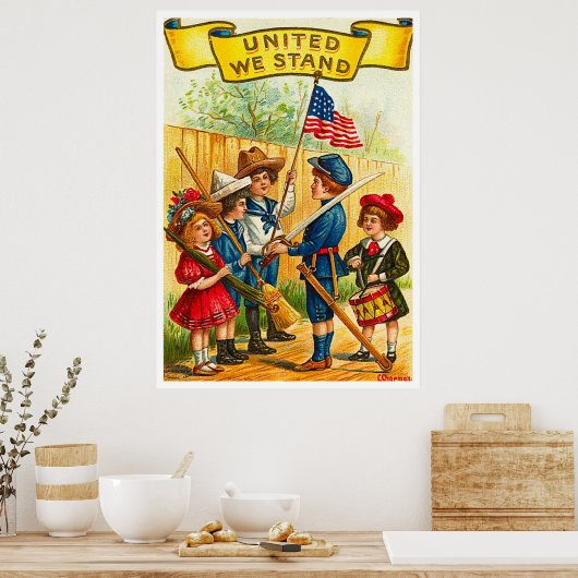 7月4日ヴィンテージ国旗を持つ子ども ポスター (キッチン)