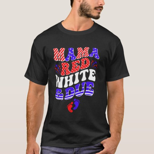 7月4日出産予定の赤と白のママ Tシャツ (正面)