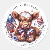 7月4日差出人住所かわいい愛国牛 ラウンドシール (正面)