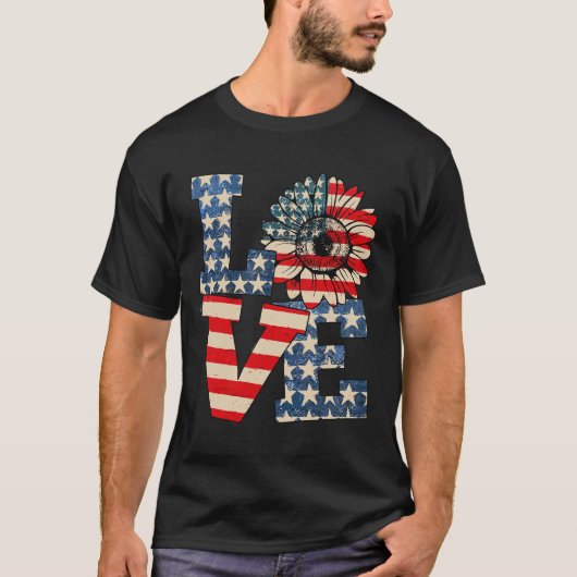 7月4日愛ひまわり愛国的アメリカ国旗 Tシャツ (正面)