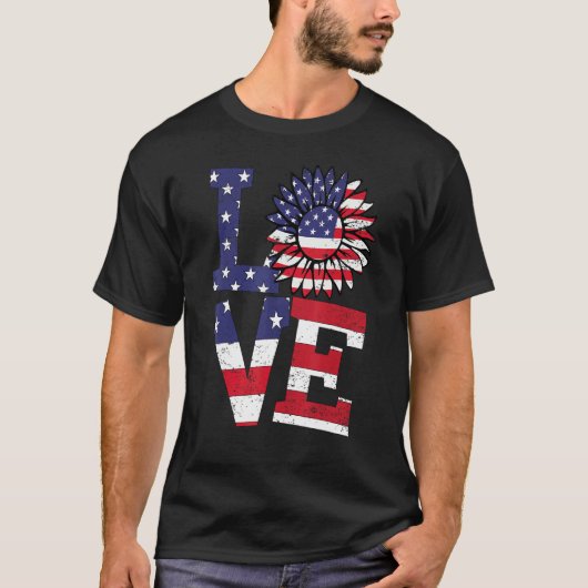 7月4日愛ひまわり愛国的アメリカ国旗 Tシャツ (正面)
