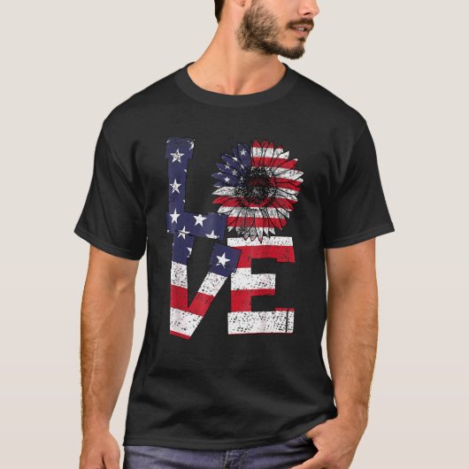 7月4日愛ひまわり愛国的アメリカ国旗 Tシャツ (正面)