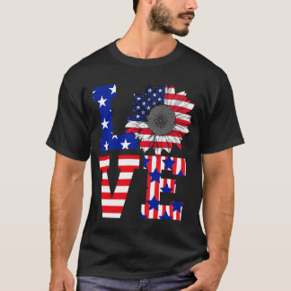 7月4日愛ひまわり愛国的アメリカ国旗 Tシャツ