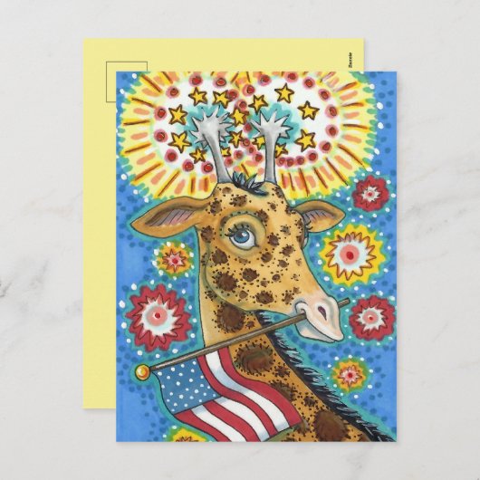 7月4日愛国キリン&花火かわいいおもしろい シーズンポストカード (正面/裏面)