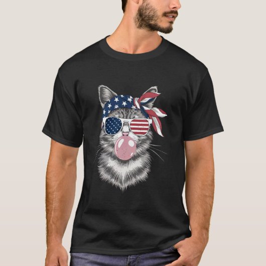 7月4日愛国猫シャボン玉アメリカ国旗猫 Tシャツ (正面)