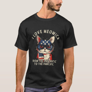 7月4日愛国的なアメリカ国旗I Love Meowica Tシャツ